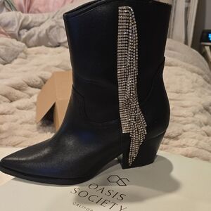 Society Black Heeled Boots with Rhinestone Fringe